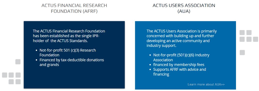 ACTUS is supported and maintained by two key organizations: 🔹 The ACTUS Financial Research Foundation 🔹 The ACTUS Users Association These organizations work collaboratively to promote the ACTUS standard and ensure its continual development and implementation.