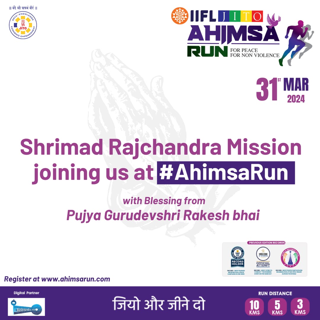 Blessing received from Pujya Gurudev Shri Rakesh Bhai. Shrimad Rajchandra Mission joining us at #ahimsarun .
Register Now on ahimsarun.com
#peace  #nonviolence