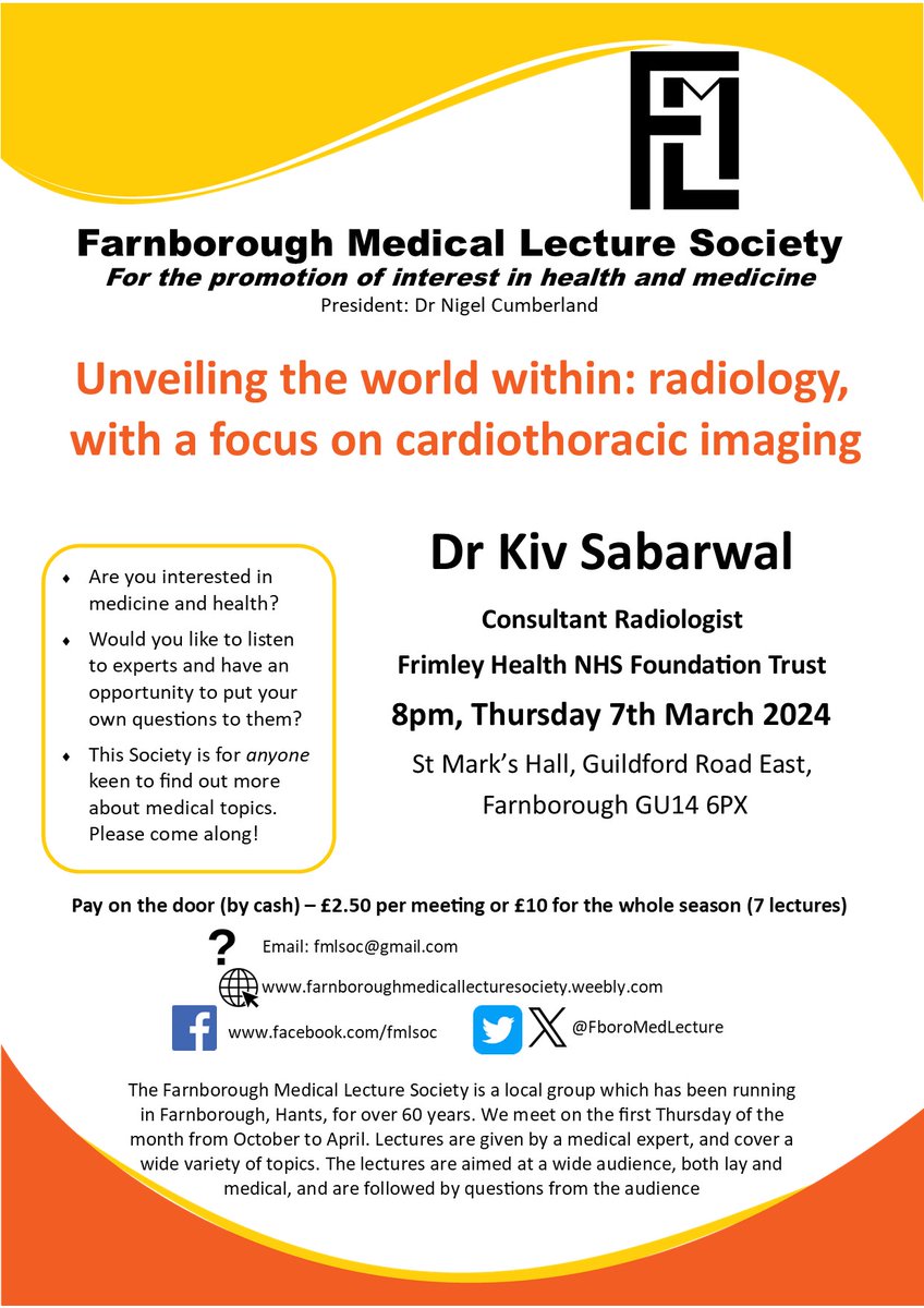 FboroMedLecture's tweet image. Join us on Thursday 7 March to hear Dr Kiv Sabarwal, Consultant Radiologist from @frimleyhealth, who will ‘unveil the world within’ by talking about radiology, with a focus on cardiothoracic imaging. Visitors are very welcome