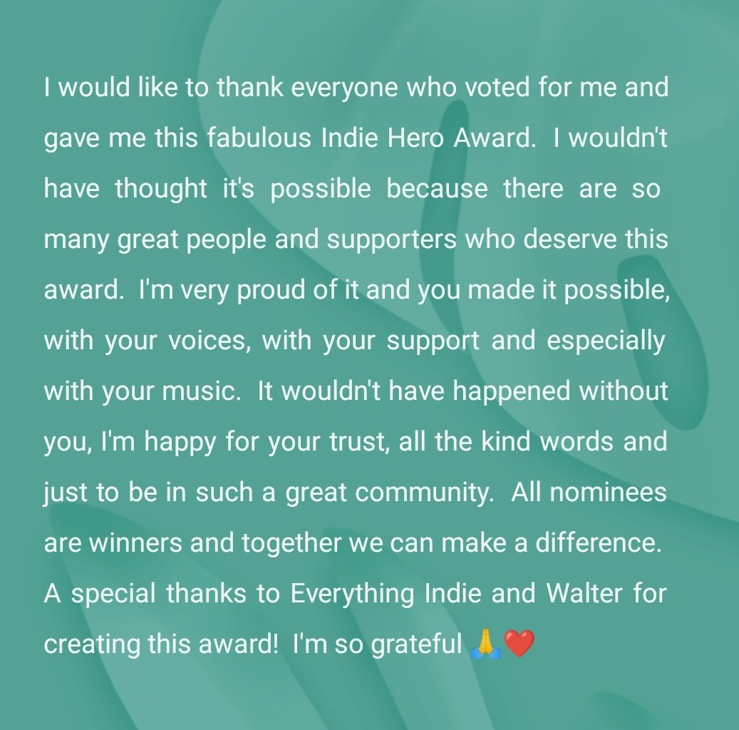 Omg, I can't believe it's true, Iwon the IndieHeroAward🙏 I'm over the moon and beyond words and that doesn't happen often☺️Please read below because it's too long to post but know that I'm grateful for everyone🙏❤️ Special thanks to @IndieMastered 🙏 indiemusicbusroadtrip.blogspot.com/2024/02/martin…