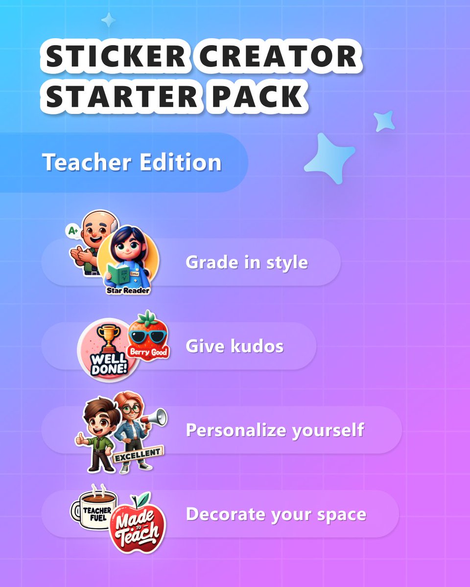 Hey teachers! 👋 What's in your sticker starter pack? Share a sticker you'd add to this list and how you're using stickers in the classroom. 💡 #MicrosoftDesigner