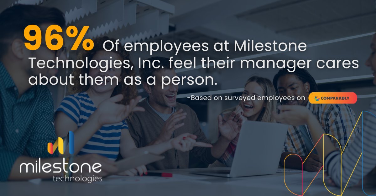 MilestoneTech's tweet image. 96% of Milestone Technologies, Inc. employees believe their manager values them, based on anonymous feedback on Comparably. Learn more about our company culture as rated by our own employees: hubs.li/Q02mG3890
  #comparably #milestonetech