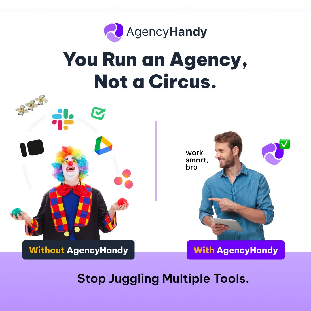 RocketHub's tweet image. Running your agency shouldn&apos;t feel like a chaotic circus act. 🤡
No more stress in managing multiple tools!

AgencyHandy will streamline your management while you can focus on what matters the most.

#StreamlinedManagement #EfficiencyFocus #AgencyHandy