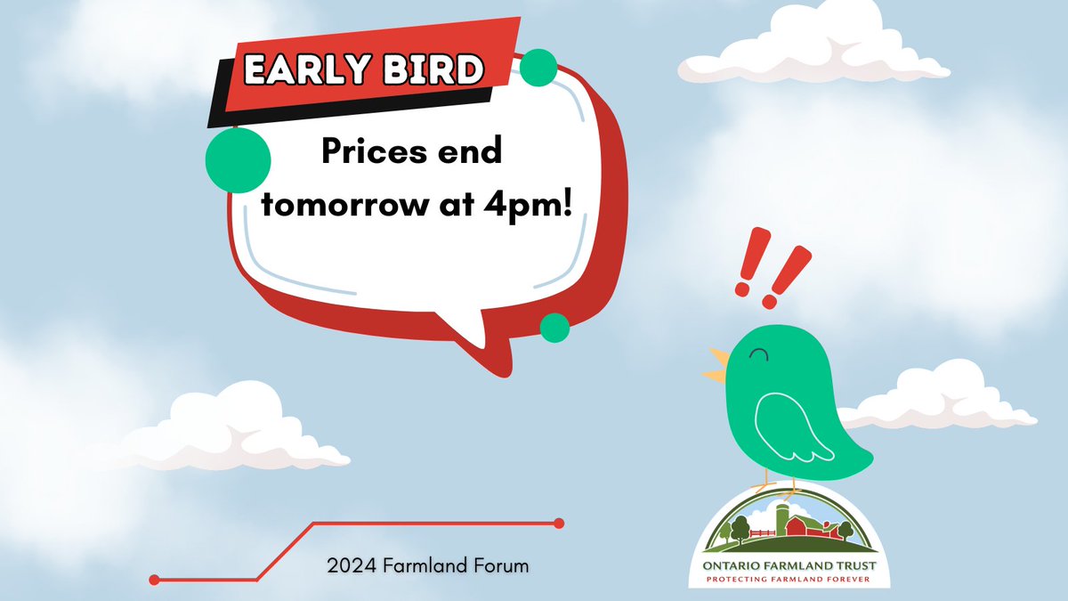 📢 Early bird prices for #FarmlandForum2024 are available until March 1st at 4pm! Join us on March 21st for a full day of discussion, networking, and learning. For more details or to register: bit.ly/48chEal #ontag #cdnag #farmlandforever