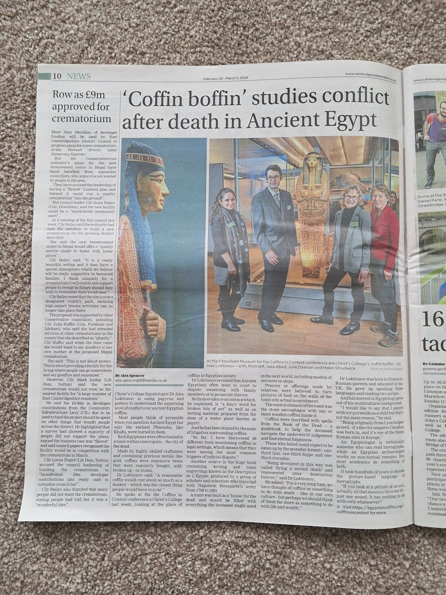 sarah_hany's tweet photo. ‘Coffins in Context’ conference features at the Cambridge Independent. Helen Strudwick, Julie Dawson, Alex Loktionov, Sara Abed with our very good friend Nespawershafyt. #coffinsincontext @hmstrudwick @DawsonJd110 @Alex_Loktionov @christs_college @FitzMuseum_UK @LeverhulmeTrust https://t.co/65rwkpMNSK