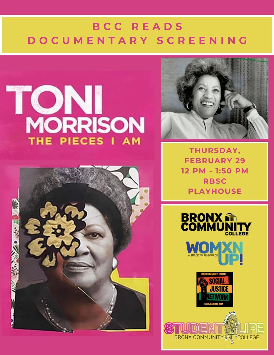 BronxCCLibrary's tweet image. #ToniMorrison #ThePiecesIAm documentary showing at 12 PM in the RBSC Playhouse today!
#BCCcuny #BHM