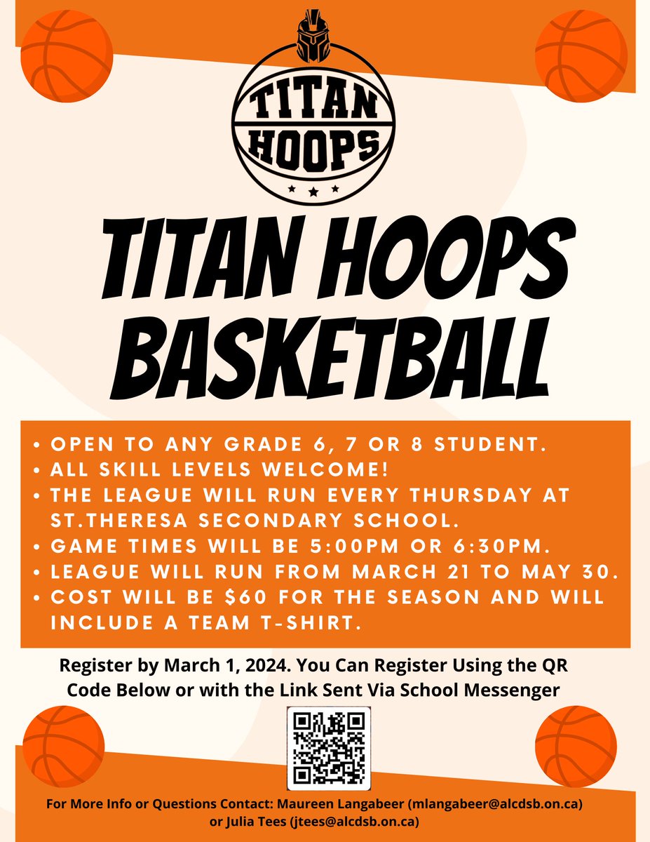 'LAST WEEK TO SIGN UP FOR TITAN HOOPS! This basketball league runs every Thurs, from 5:00-7:45pm in the St. T's gym from Mar 21-May 30 & is open to all grade 6-8 students at any skill levels. The cost is $60 per player. Registration Link or QR code: forms.office.com/r/skMmquE9sQ'