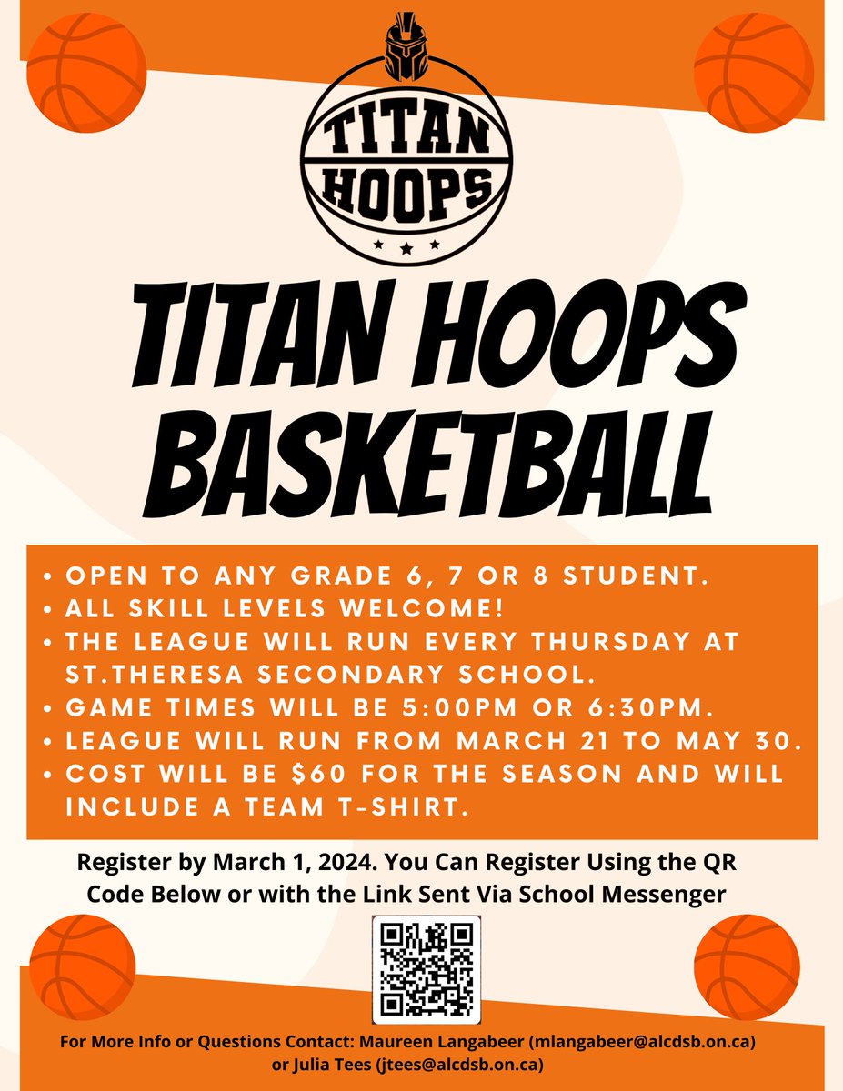 "LAST WEEK TO SIGN UP FOR TITAN HOOPS! This basketball league runs every Thurs, from 5:00-7:45pm in the St. T's gym from Mar 21-May 30 &amp; is open to all grade 6-8 students at any skill levels. The cost is $60 per player.  Registration Link or QR code: forms.office.com/r/skMmquE9sQ"