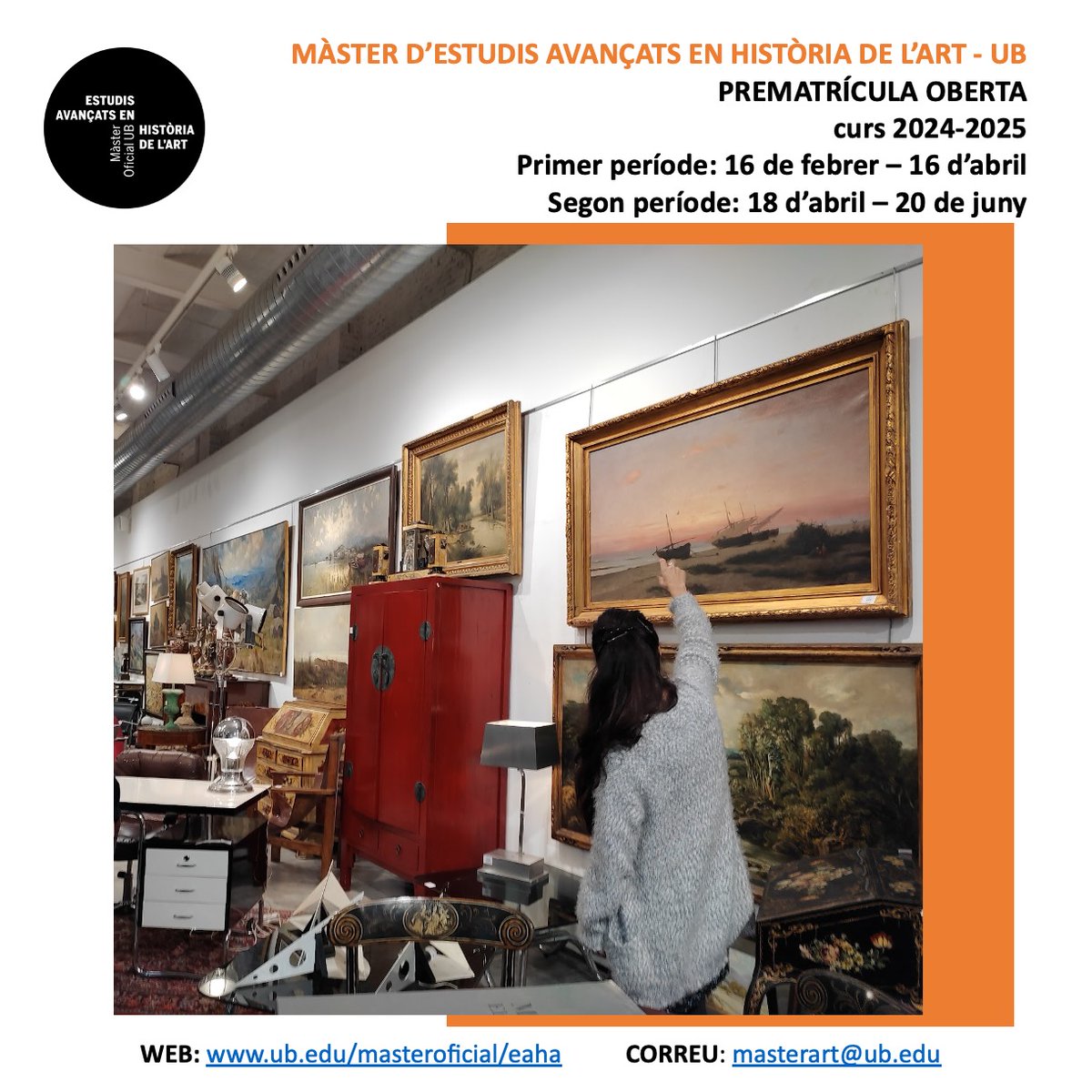 Màster en Estudis Avançats en Història de l'Art UB (@masterartub) on Twitter photo Comença el període de prematrícula al nostre màster!!! Estudis Avançats en Història de l'Art a la <a href="/UniBarcelona/">Universitat de Barcelona</a>
Fes una ullada a la web web.ub.edu/web/estudis/w/……
📌📷 o vine a la SESSIÓ INFORMATIVA el 19 DE MARÇ a les 14'00 a la <a href="/GH_UB/">Facultat de Geografia i Història UB</a> Comença el període de prematrícula al nostre màster!!! Estudis Avançats en Història de l'Art a la <a href="/UniBarcelona/">Universitat de Barcelona</a>
Fes una ullada a la web web.ub.edu/web/estudis/w/……
📌📷 o vine a la SESSIÓ INFORMATIVA el 19 DE MARÇ a les 14'00 a la <a href="/GH_UB/">Facultat de Geografia i Història UB</a>