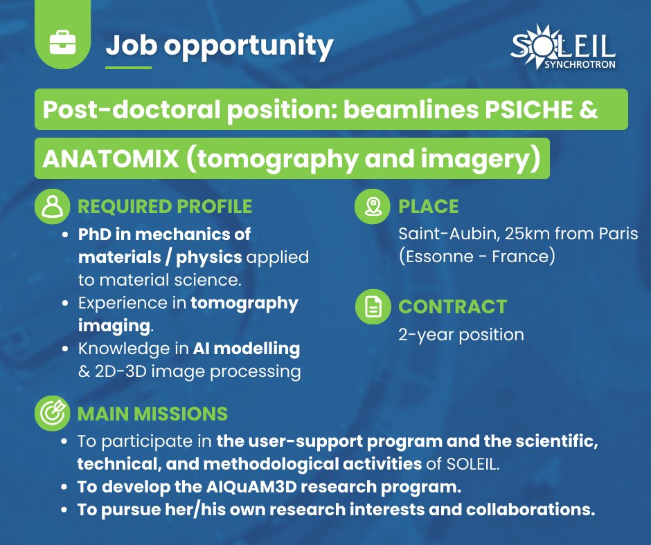 synchroSOLEIL's tweet photo. #jobopportunity
💼 Join our team!
We are opening a post-doctoral position on @AnatomixBl &amp; #PSICHE_Beamline (tomography and imagery)
📍Saint-Aubin (Essonne)
📄 2-year position
🔎 PhD in Physics + experience
Infos 👉 https://t.co/rFt42snYio
@xploraytion https://t.co/0XYXFNJfva