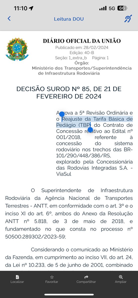 Reajuste da Tarifa Básica de Pedágio (TBP) referente à concessão do sistema rodoviário nos trechos das BR-101/290/448/386/RS, explorado pela Concessionária das Rodovias Integradas S.A. - ViaSul
