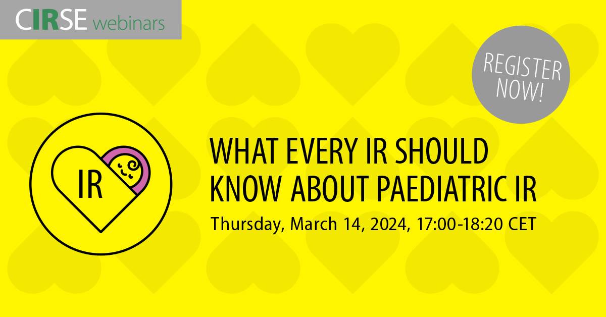 Register for the free #CIRSEwebinar on what every interventional radiologist should know about paediatric IR! 📍​ March 14, 17:00-18:20 CET ​ 📄 Programme: t.ly/F0F75 ✔️ Register: t.ly/k_pv8 #pediatricIR #paedsIR #interventionalradiology #IRads #pedsIR