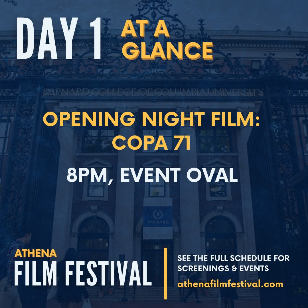 The day has finally arrived! The 14th annual #AthenaFilmFestival starts TODAY! It's not too late to grab festival passes OR tickets to our opening night film, COPA 71.

We'll see you at 8pm!

athenafilmfestival.com