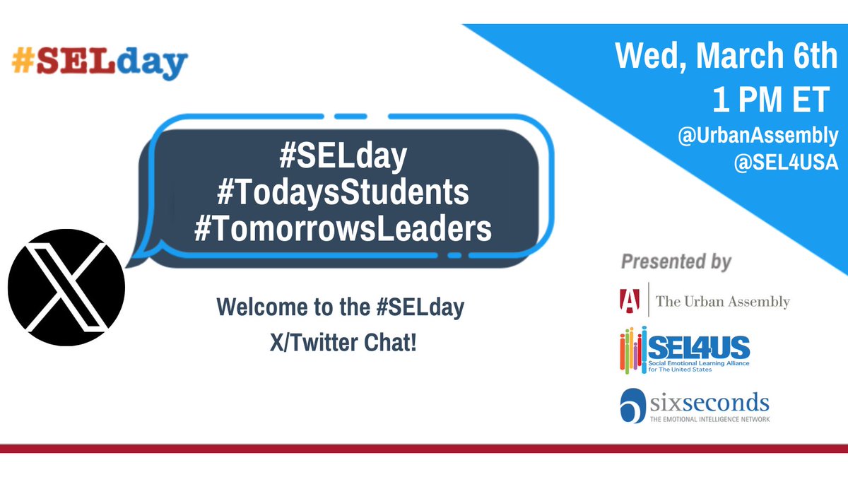 Welcome to the #SELday Twitter Chat everyone! We are about to begin. Please remember to format your answers in the following way so we know what prompt you're responding to: 'A1: #SELday is the best because...' 'A2: The reason why I love SEL day...' And don't forget hashtags!