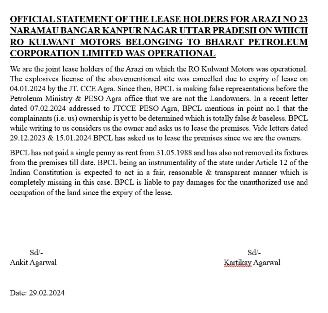 We are here to clarify the facts before <a href="/kumarsantbpcl/">santosh kumar</a> and we demand all the dues since 31.5.1988 to which we are entitled. <a href="/BPCLimited/">Bharat Petroleum</a> has also not removed it's fixtures till date from the said site. This is the working of a PSU. <a href="/PMOIndia/">PMO India</a> <a href="/narendramodi/">Narendra Modi</a> <a href="/PetroleumMin/">Ministry of Petroleum and Natural Gas #MoPNG</a>