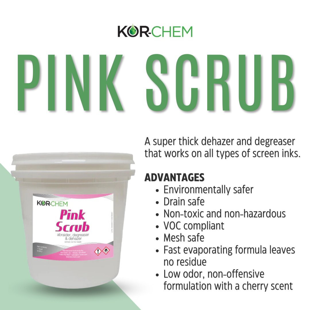Pink Scrub is a super thick dehazer and degreaser is a game-changer, efficiently removing ghost image stains and fabric residues. 🍒✨#KorChem #ScreenPrinting #PinkScrubMagic #PrepLikeAPro #TshirtPrinting #ScreenPrintShop #ScreenPrint