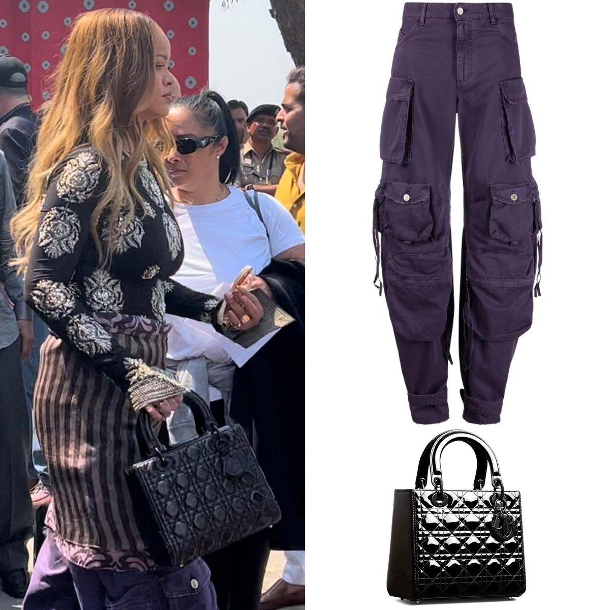 Rihanna arrived in India wearing a Vintage Spring 2002 @GianfrancoFerre Sheer Black Silk Indian RAJ Crystal Beaded Bodysuit Top and a $895 @DriesVanNoten Asymmetric Wrap-Effect Silk-Crepon Mini Skirt with The Attico’s $1,055 Fern Cargo Trousers and a $5,000 Lady @Dior Bag.