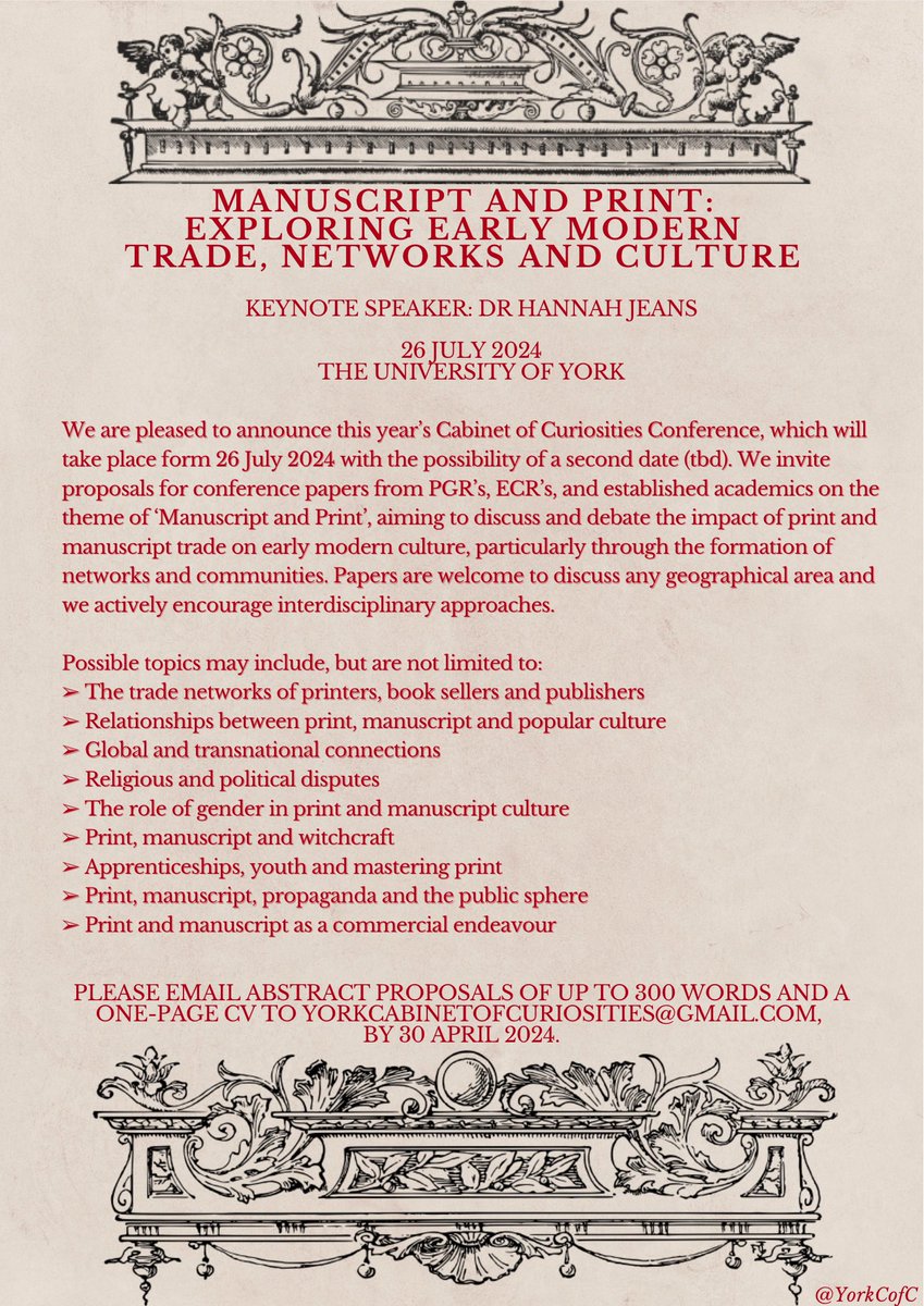 ✨CALL FOR PAPERS ✨ Deadline: 30th April 2024 📣Manuscript and Print: Exploring Early Modern Trade, Networks and Culture ✨ Keynote: Dr Hannah Jeans (@HannahLJeans) 🗓️ 26th July 2024 📍Treehouse, The University of York 📧 yorkcabinetofcuriosities@gmail.com Please share!