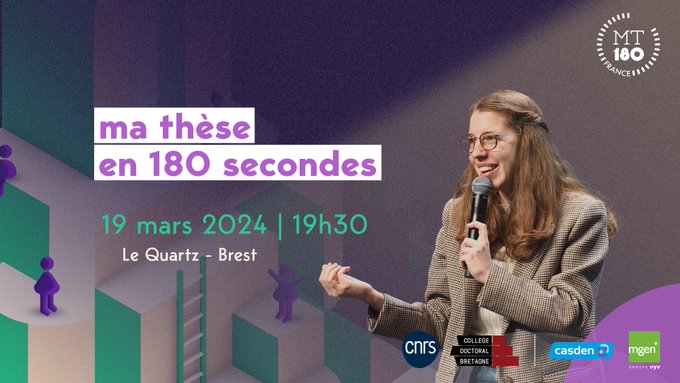 #MT180 🎙️ | Expliquer sa thèse en 3 minutes, mission impossible ? 16 doctorant·es relèveront le défi pour la finale Bretagne de Ma thèse en 180 secondes le 19 mars 2024 à 19h30 au Quartz à Brest ❗️ 🎟️ Inscription mt180-finale-bretagne.eventbrite.fr 💻 En direct youtube.com/live/CWSeEiLoE…