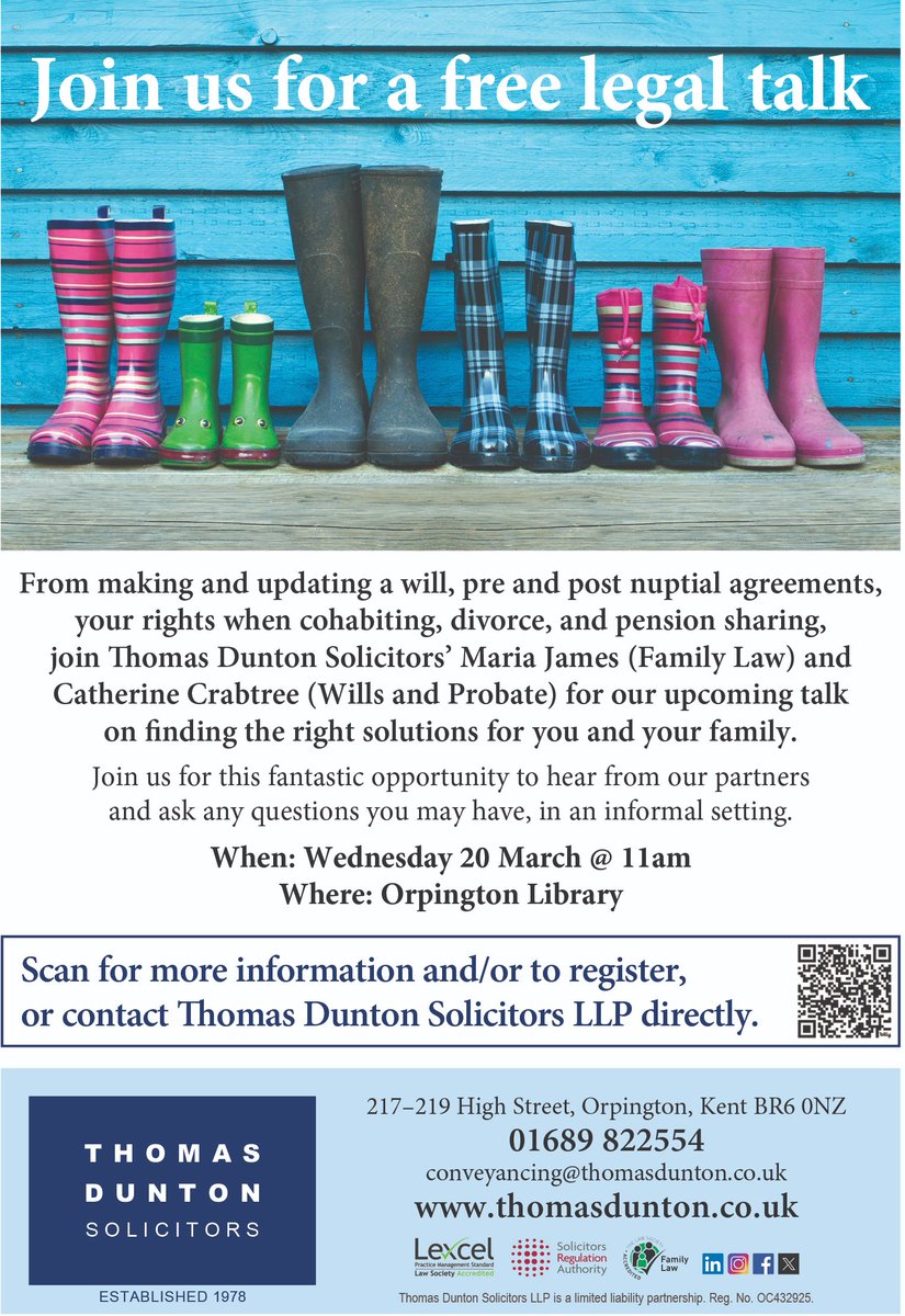 Connect_London1's tweet photo. Join @ThomasDuntonLaw Solicitors for a FREE legal talk in Wednesday 20th March, 11am at Orpington Library. For more information scan the QR code or Contact them directly #solicitor #localsolicitors @Connect_London1 https://t.co/xwb7l7OPtE