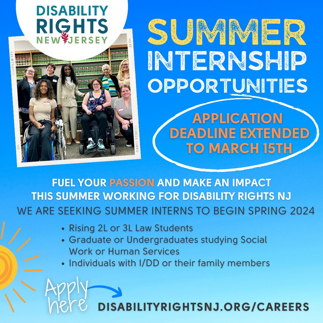 AdvocateDRNJ's tweet image. Are you looking for a #paid #summer #internship, an opportunity to gain experience and exposure while making a difference to the #disability community? You found it! Apply today at disabilityrightsnj.org/careers. Deadline is March 15th
#nonprofit #internship #rights #careers #hybrid