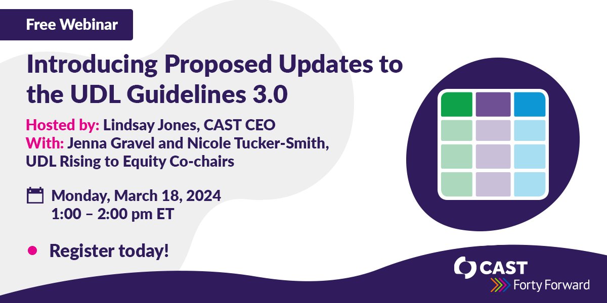 Join me and @jennagravel on Mon, 3/18/24 at 1 pm ET for a free webinar, Introducing Proposed Updates to the UDL Guidelines 3.0, hosted by @CAST_UDL. Click the link below to complete your free registration! lnkd.in/gXUdMY3m #UDLRising #equityineducation