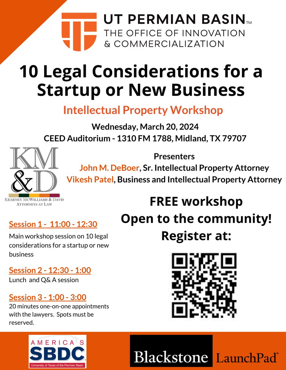Intellectual Property Workshop on March 20th at the UTPB C.E.E.D Building.  UTPB students, Faculty/Staff, and community members are welcome.  Register today to reserve your spot!
forms.office.com/r/wZjjY4N9yZ
<a href="/utpb/">UT Permian Basin</a> <a href="/UTPB_SBDC/">America's SBDC @ UT Permian Basin</a>