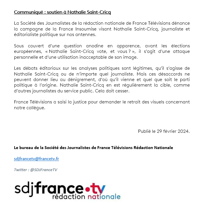 SDJFranceTV's tweet image. Communiqué : soutien à Nathalie Saint-Cricq