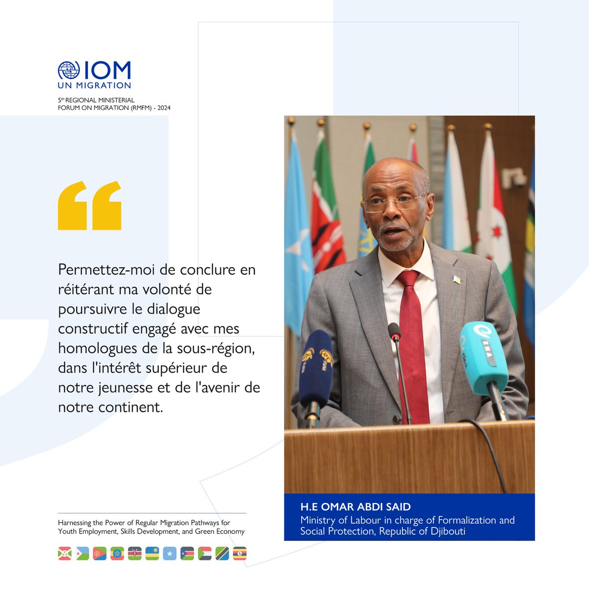 DjiboutiIom's tweet image. Le 5ème Forum Ministériel Régional sur la Migration #RMFM a abordé les défis et opportunités liés aux #migrations de travail dans la région.  
Avec S.E.M. Omar Abdi Said, #Djibouti s’investit dans le dialogue régional pour la #jeunesse et l’#avenir du continent africain.