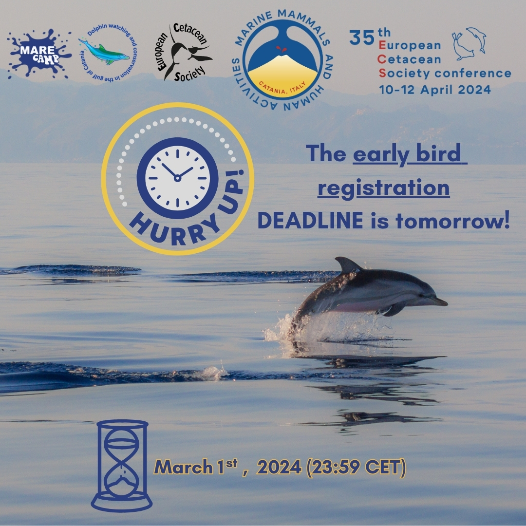 European Cetacean Society (@eurocetsoc) on Twitter photo 📢 🐣 Last call for early bird registration!
❗🐳 Tomorrow, 1st of March (12:59 p.m. CET), is the last chance for conference #registration with a low fee. Don't miss this opportunity!
ℹ More info: europeancetaceansociety.eu/registration
<a href="/Marecamp_CT/">Marecamp association</a>
#ECSconference2024 📢 🐣 Last call for early bird registration!
❗🐳 Tomorrow, 1st of March (12:59 p.m. CET), is the last chance for conference #registration with a low fee. Don't miss this opportunity!
ℹ More info: europeancetaceansociety.eu/registration
<a href="/Marecamp_CT/">Marecamp association</a>
#ECSconference2024