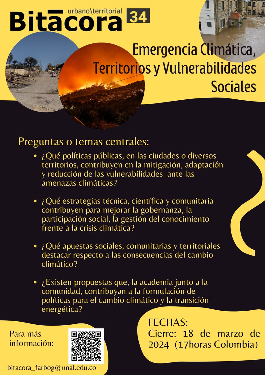 BitacoraUT's tweet image. 📚📌AMPLIACIÓN DE RECEPCIÓN DE ARTÍCULOS: Convocatoria 34-2 (mayo/agosto 2024)

Dossier: Emergencia Climática, Territorios y Vulnerabilidades Sociales.