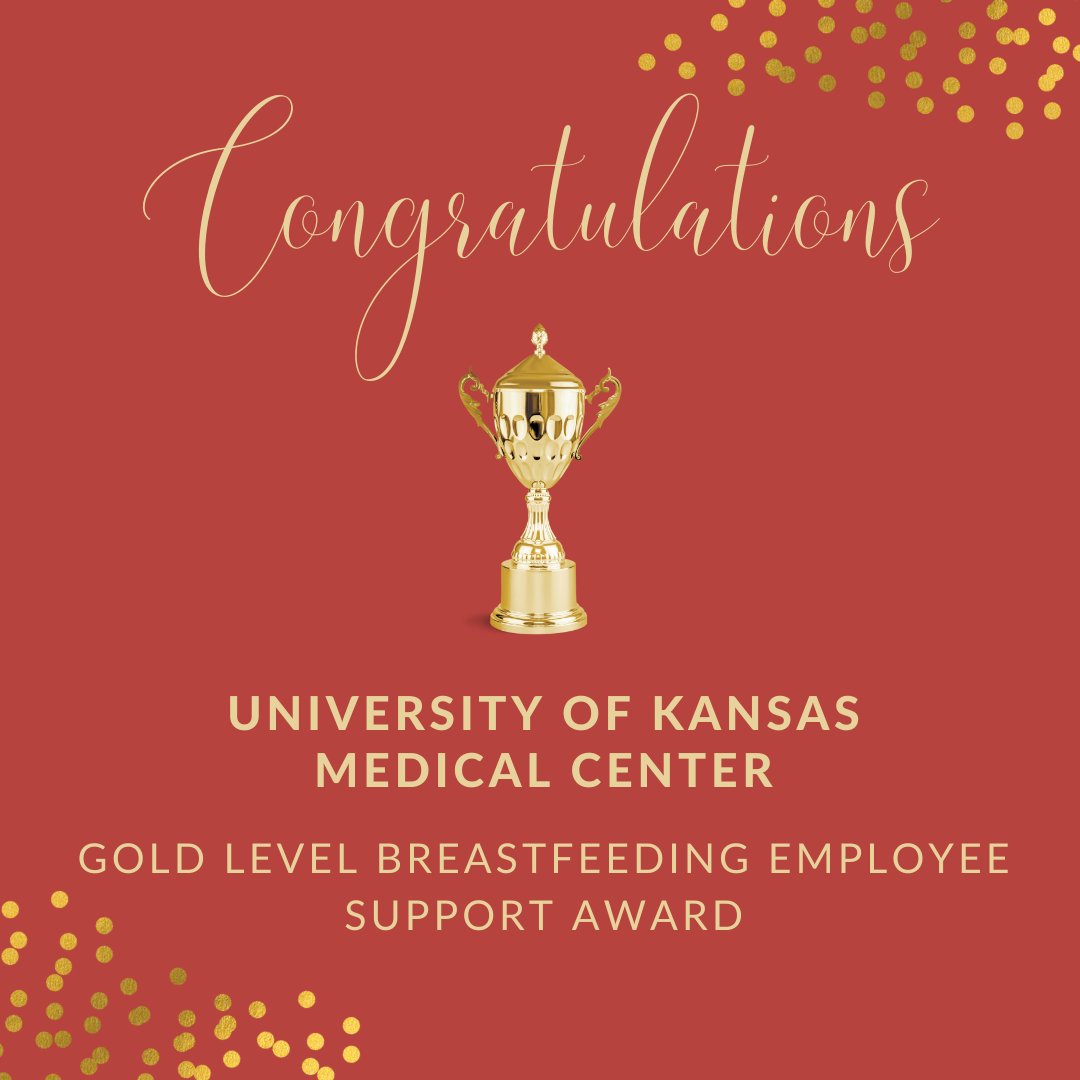 KSBreastfeeding's tweet photo. Congratulations! The Kansas Breastfeeding Coalition is pleased to award the University of Kansas Medical Center the Gold Level Breastfeeding Employee Support Award for your support for your breastfeeding employees. @KUMedCenter #breastfeeding #ksbreastfeeding https://t.co/Nn2Q3MSy4B