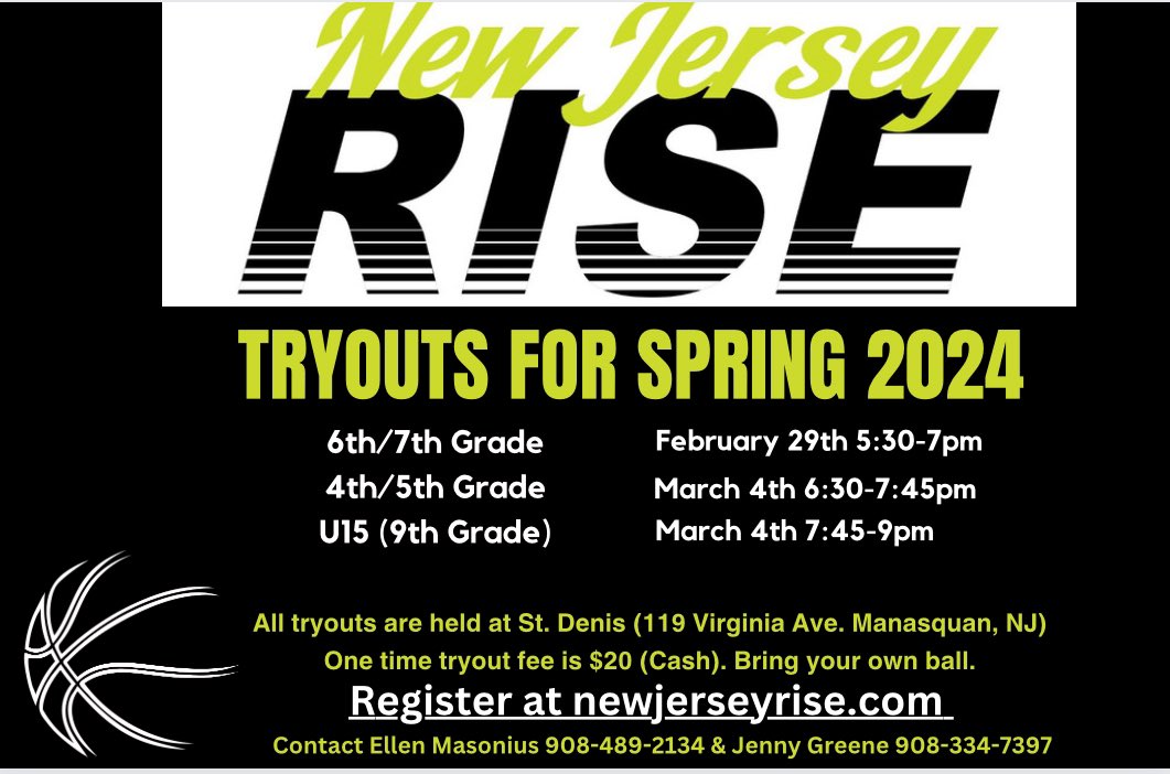 New Jersey RISE (@newjerseyrise) on Twitter photo Tryouts TONIGHT! Don’t miss out!
Register➡️ forms.gle/RyJREKV8krN2Um…
<a href="/EllenMasonius/">Ellen Clark Masonius</a> <a href="/jencatherine114/">Jenny Greene</a> <a href="/TinyGreenNBS/">Coach Tiny Green</a> <a href="/EJayArrow/">E J 🏀</a> <a href="/NYGHoops/">NYGHoops</a> <a href="/NJLadiesHoops/">NJ Ladies Hoops</a> <a href="/CoachAliNap/">Coach Ali Napolitano</a> <a href="/klhoops/">Kevin Lynch</a> Tryouts TONIGHT! Don’t miss out!
Register➡️ forms.gle/RyJREKV8krN2Um…
<a href="/EllenMasonius/">Ellen Clark Masonius</a> <a href="/jencatherine114/">Jenny Greene</a> <a href="/TinyGreenNBS/">Coach Tiny Green</a> <a href="/EJayArrow/">E J 🏀</a> <a href="/NYGHoops/">NYGHoops</a> <a href="/NJLadiesHoops/">NJ Ladies Hoops</a> <a href="/CoachAliNap/">Coach Ali Napolitano</a> <a href="/klhoops/">Kevin Lynch</a>