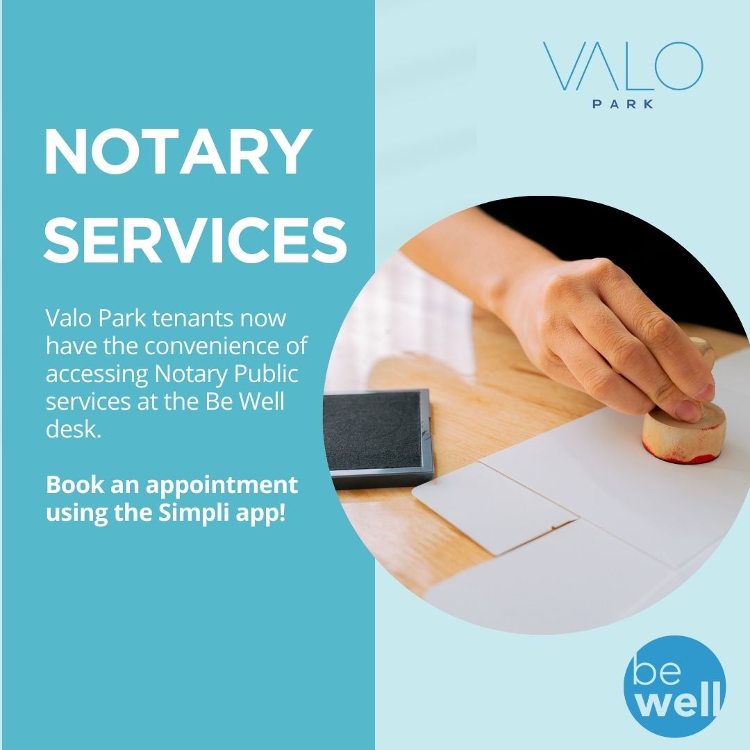 ValoPark's tweet photo. Tenants and employees may now make a notary appointment through the Be Well desk. Find out more and schedule an appointment in the Simpli app. ✍️ https://t.co/DNKkaOdFR9