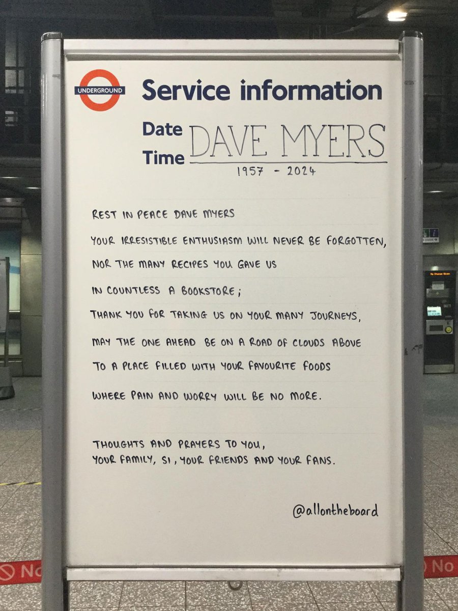 Rest in Peace Dave Myers
Your irresistible enthusiasm will never be forgotten.
May the journey ahead be on a road of clouds to a place full of your favourite foods where pain &amp; worry will be no more.
Thoughts &amp; prayers to you, your family, Si, your friends &amp; fans. <a href="/HairyBikers/">Hairy Bikers</a>