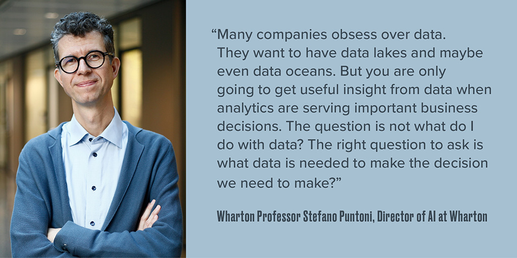 'The question is not what do I do with data? The right question to ask is what data is needed to make the decision we need to make?” Great quote from @Wharton Professor @PuntoniStefano, Director of @AIatWharton, from his recent interview with @BlakeMichelleM on the Modern…