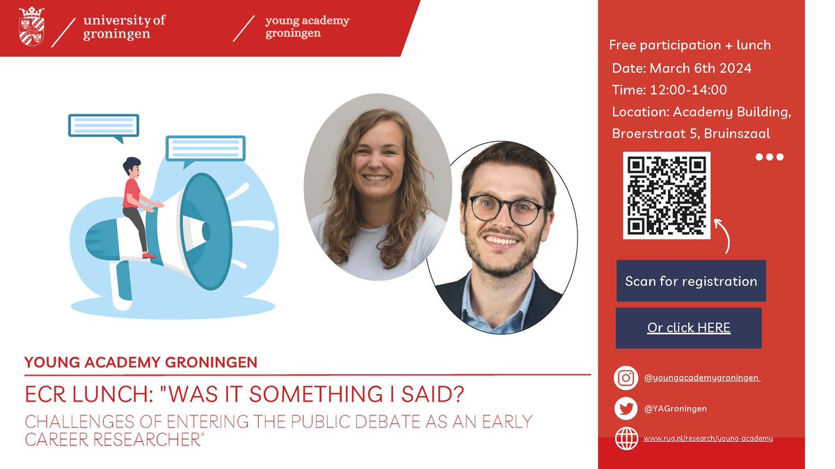 The YAG invites you to their next ECR lunch on March 6th! Our topic this months is 'Was it something I said?' Challenges of entering the public debate as an early career researcher.📣 With Annelene Hofstetter and @albertogodioli. More information: rug.nl/research/young…
