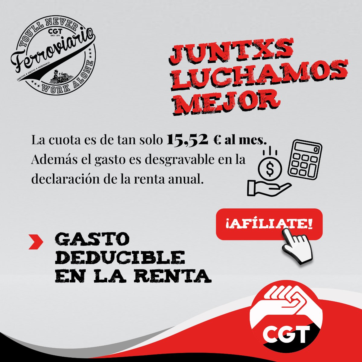 SFFCGT's tweet image. Con tu nombre y correo electrónico, contactaremos para ponértelo fácil. Tu cuota, de tan solo 15,52 € al mes: se descuenta de la nómina y te ahorras el IRPF.
Juntxs luchamos mejor. 💪
Afíliate con nosotrxs, el ¿por qué? ¿cómo? ¿cuánto?
Toda la info en: bit.ly/AfiliateConCGT