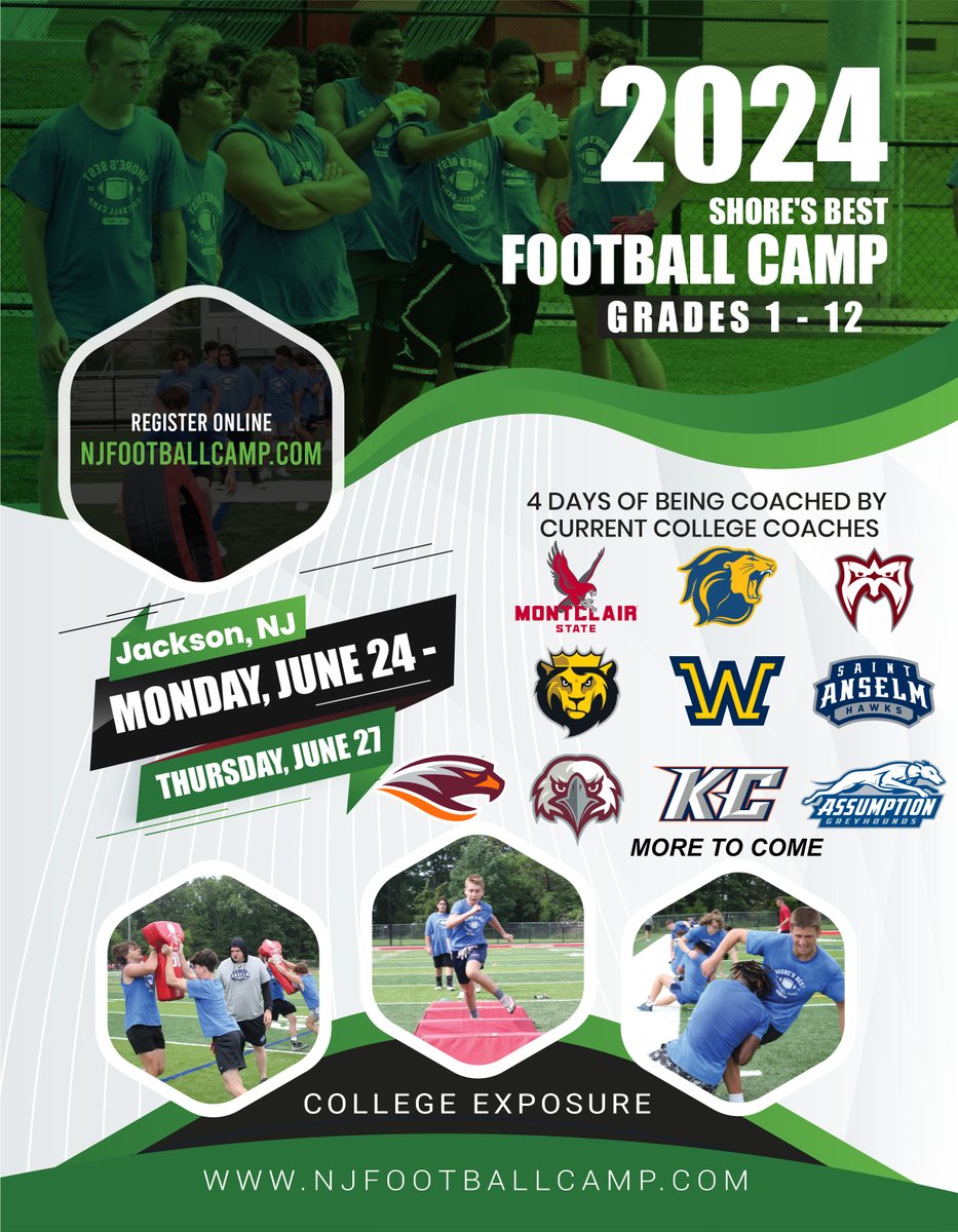 Sign-up TODAY and tell your friends, the @SBFootballCamp is BACK! 4 days of being Coached by Current College Coaches! June 24-27 | Grades 1-12 | 8:45am-3:00pm | Jackson, NJ REGISTER TODAY! njfootballcamp.com