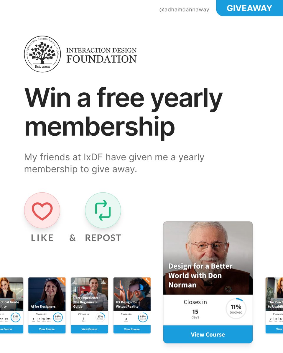 Win a free IxDF yearly membership & learn UX design 🥳

My friends at @designwithixdf have given me a yearly membership to give away. 

❤️ Like and 🔄 repost for a chance to win 🤞

I’ll randomly select 
a winner on 6 March 2024.

#ad #ux #uxdesign