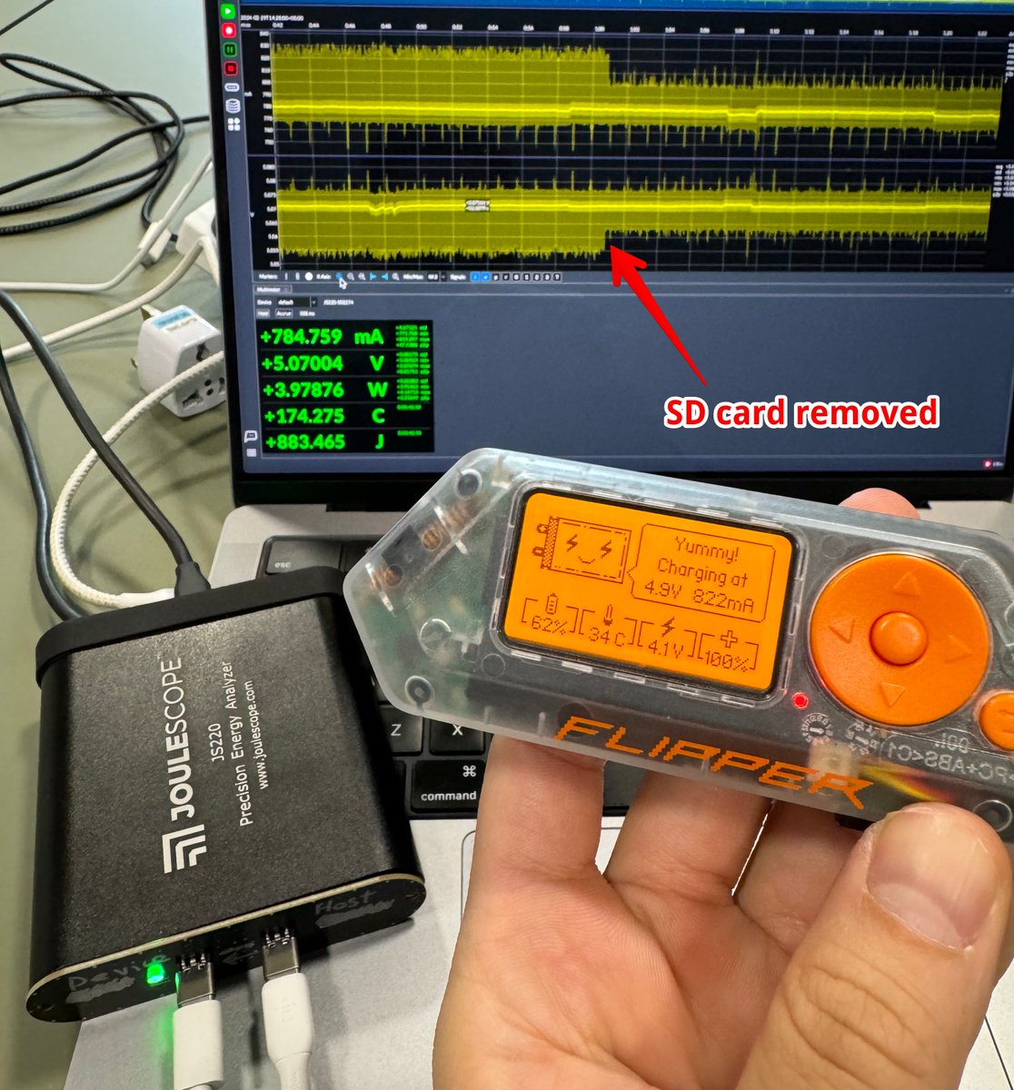 @joulescope @alvaroprieto Thank you all for a wonderful tool! Joulescope works like a charm with @alvaroprieto's USB-C front panel — on a photo, we can see the power consumption drop when the SD card was removed. 

It's much more convenient than using an oscilloscope for this task. We think your product