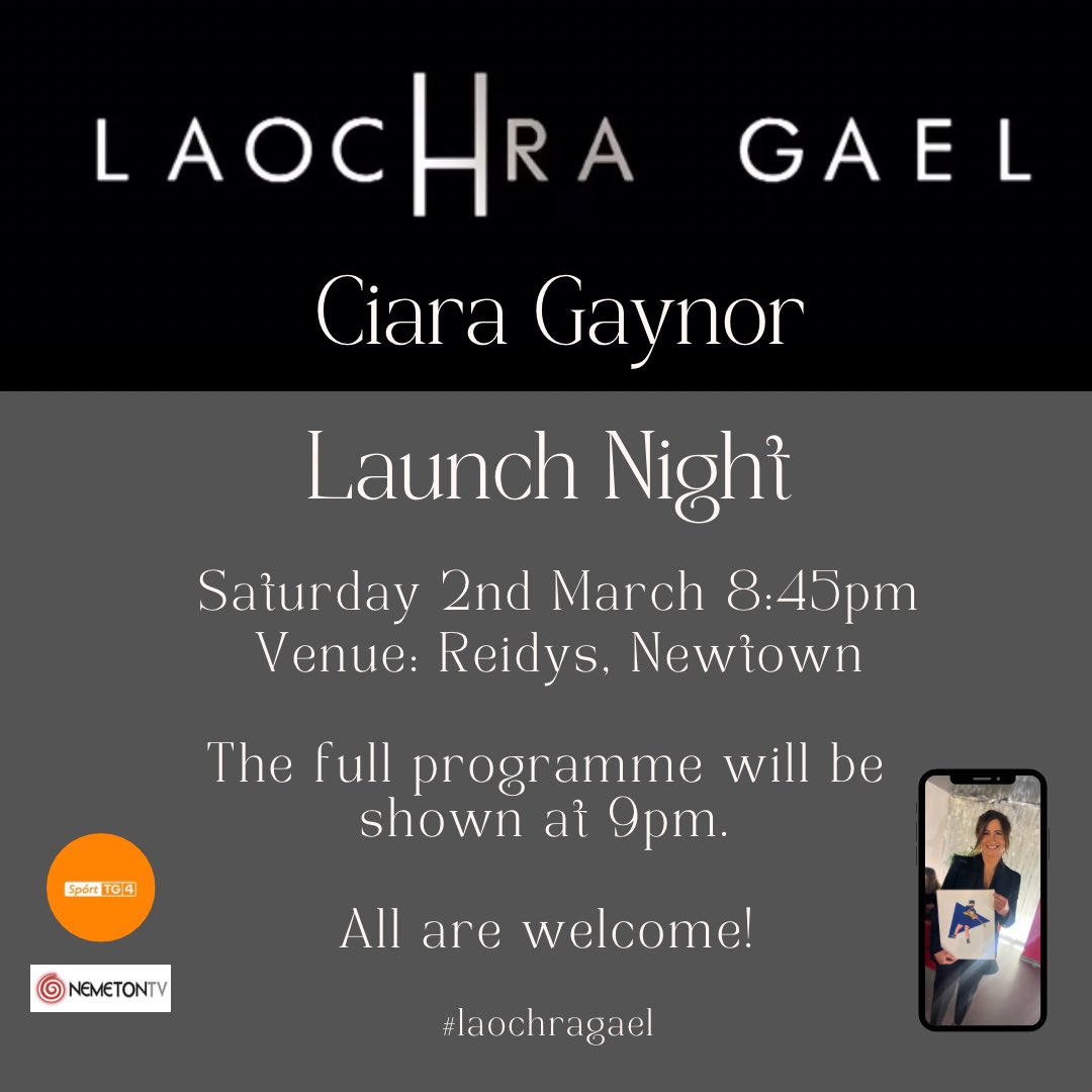 Excited to share that there will be a full screening of @CiaraMGaynor Laochra Gael this Saturday night, March 2nd at 8:45pm in Reidys, Newtown. The programme is a lovely trip down memory lane of that magic Tipperary camogie team that won 5 Senior All Ireland medals. #laochragael