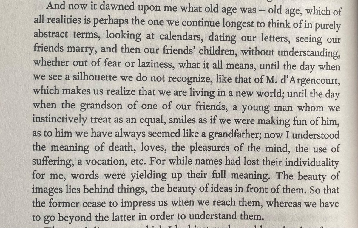 The extraordinary sequence in Proust’s Time Regained where the narrator fails to recognise a room full of elderly-looking people before realising that, in fact, they’re his friends who have like him become old without realising.