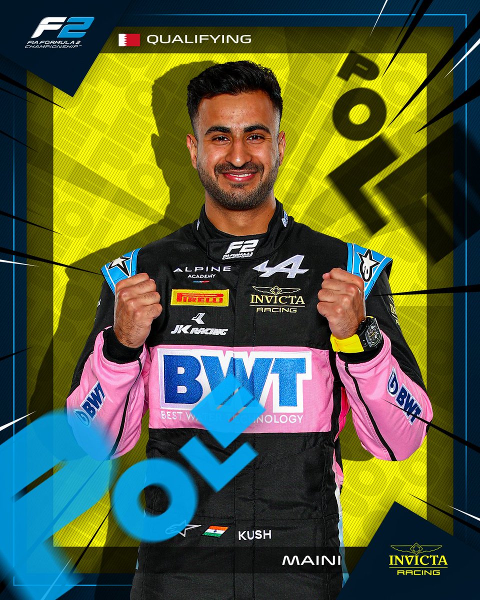 Formula2's tweet photo. IT'S A MAIDEN POLE FOR @kmainiofficial IN BAHRAIN! 🙌

#BahrainGP #F2 https://t.co/M1Y5EZBNjM