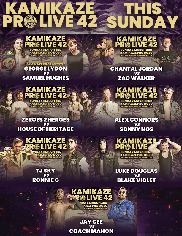KamikazeProUK's tweet photo. The Full Card for #KPLive42 this Sunday in Digbeth

Kamikaze Pro Live Title
@GeorgeLydon_ vs @RedHairedRazcal 

@chantaljordan_ vs @zac_walker_pw 

@NateReillyPW &amp; @EdgarAdamsPW vs @SawbonesStevens &amp; @KieranMcQueenPW 

@TheMirrorcat vs Sonny Nos

TICKETS: https://t.co/zoi6fktxV1 https://t.co/uSnW8d3Puq