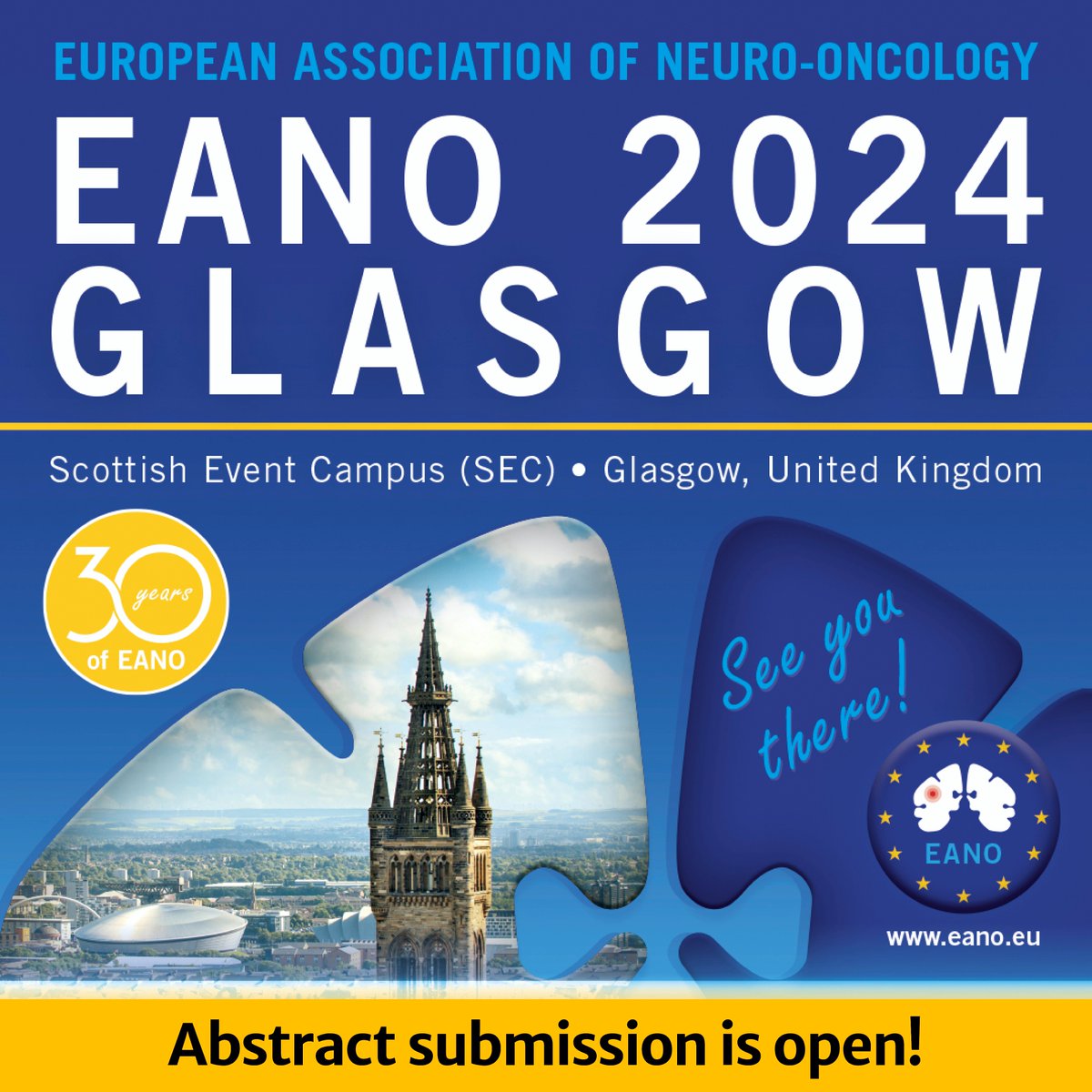 📣Have you heard? Abstract submission for #EANO2024 is now open and closes on April, 30! Don't miss the chance to present your work in #NeuroOncology. The 19th Meeting of the EANO will be held in Glasgow (UK), Oct 17-20, 2024. See you there! 👉eano.eu/eano2024/abstr… #btsm