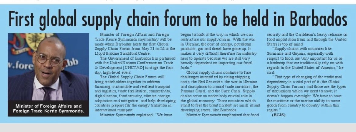 The 2024 Global Supply Chain Forum is an imperative opportunity, with PM Mottley as UNCTAD President, to have international focus on SIDs. Register and have your voice counted May 21-24 in Bdos on Food Security, Climate Crisis, Shipping Costs UNCTAD.ORG/MEETING/GLOBAL…
