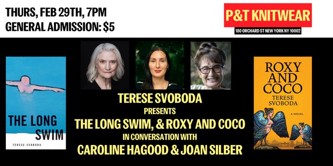 Terese Svoboda, author of Roxy and Coco, is doing a discussion and Q&A tonight alongside Caroline Hagood and Joan Silber. Tickets available at bit.ly/knitweartix @teresesvoboda