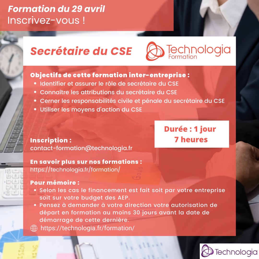 #Formation #Technologia – Être secrétaire du CSE 📅29 avril 🕰️1 journée 𝗣𝗼𝘂𝗿 𝘃𝗼𝘂𝘀 𝗶𝗻𝘀𝗰𝗿𝗶𝗿𝗲 : contact-formation@technologia.fr #Technologia #communication #CSE