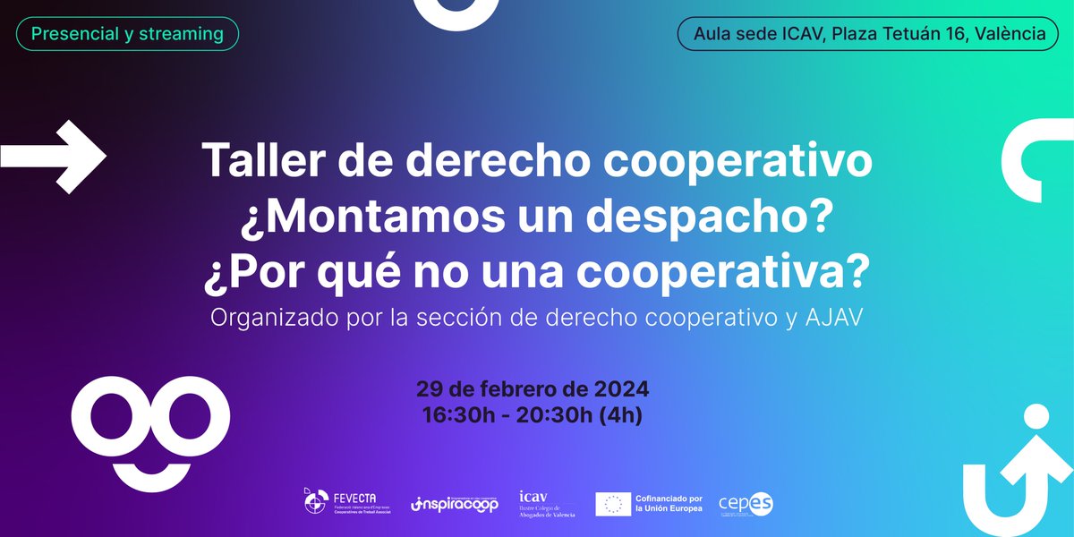 FEVECTA's tweet photo. Esta tarde estamos en el taller organizado con @ICAV_abogacia y @AJAValencia para conocer las experiencias de 2 abogados de sendos despachos cooperativos
En el marco de nuestro proyecto #InspiraCoop cofinanciado por Fondo Social Europeo Plus (FSE+) 🇪🇺 y @CEPES2
#ProgramaEfeso https://t.co/GnLDGQqhjL